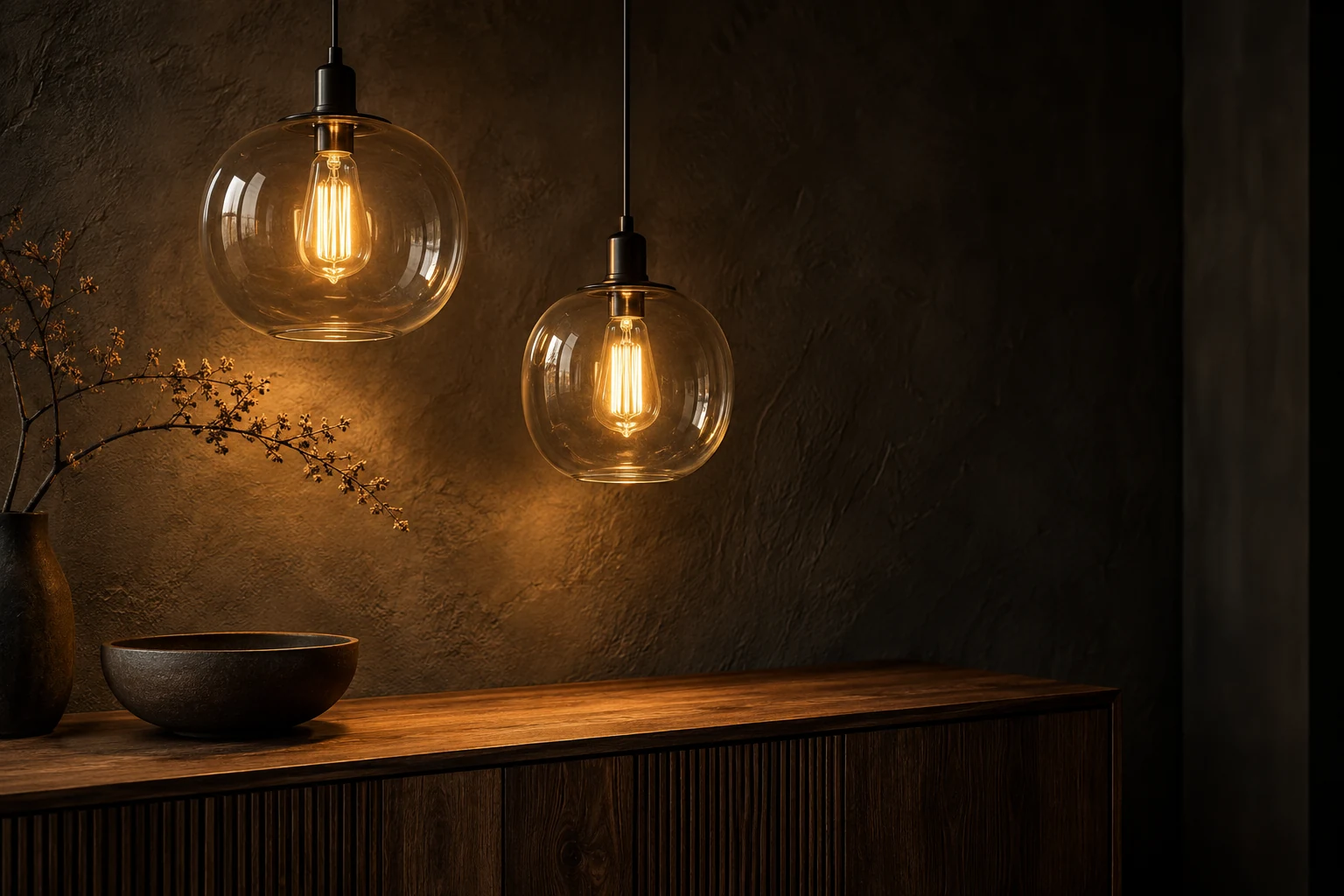 Illustrative amber pendant bulbs casting warm light over a timber sideboard and charcoal wall