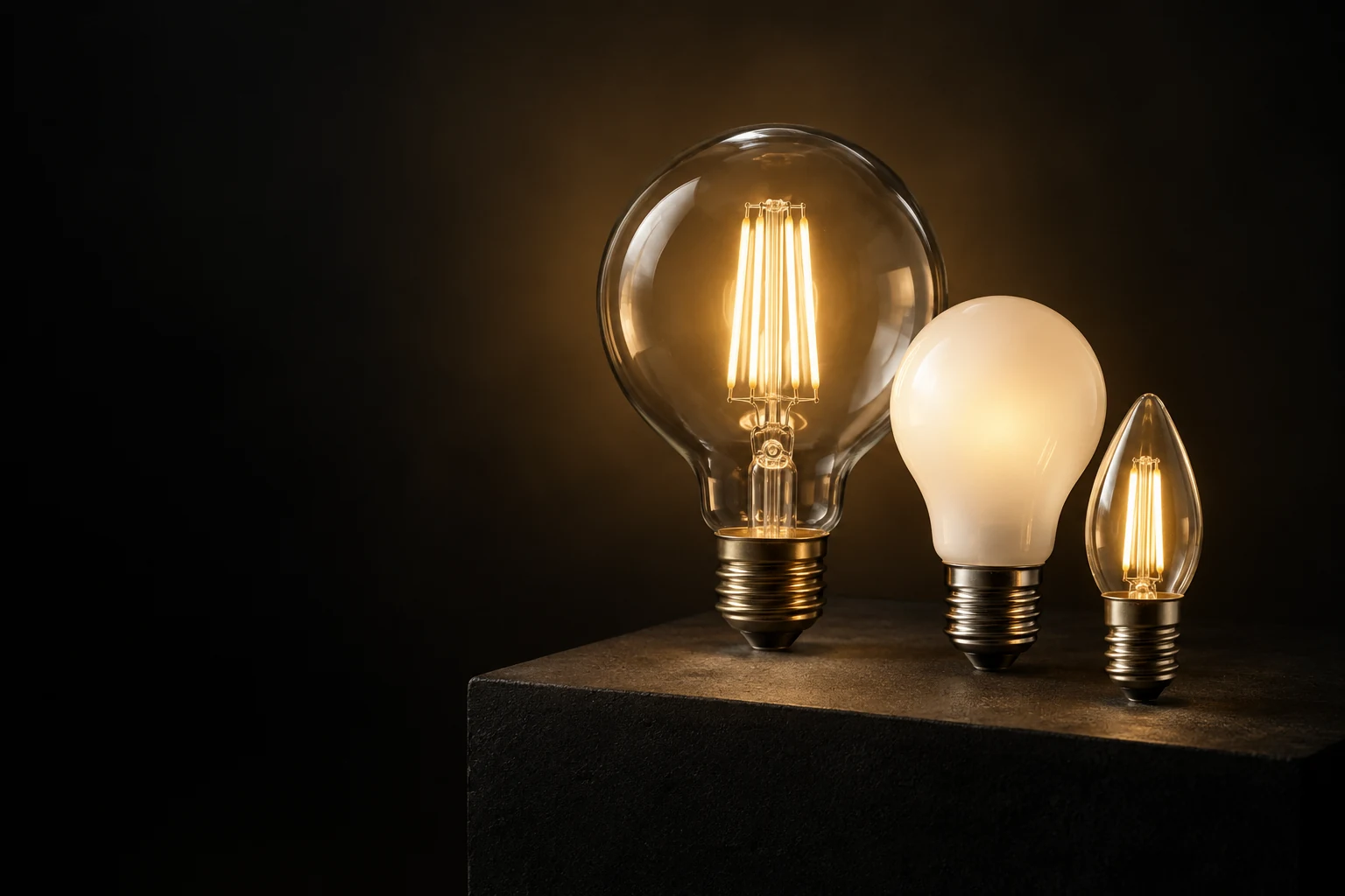 Illustrative clear globe, frosted classic and candle-shaped bulbs in warm light